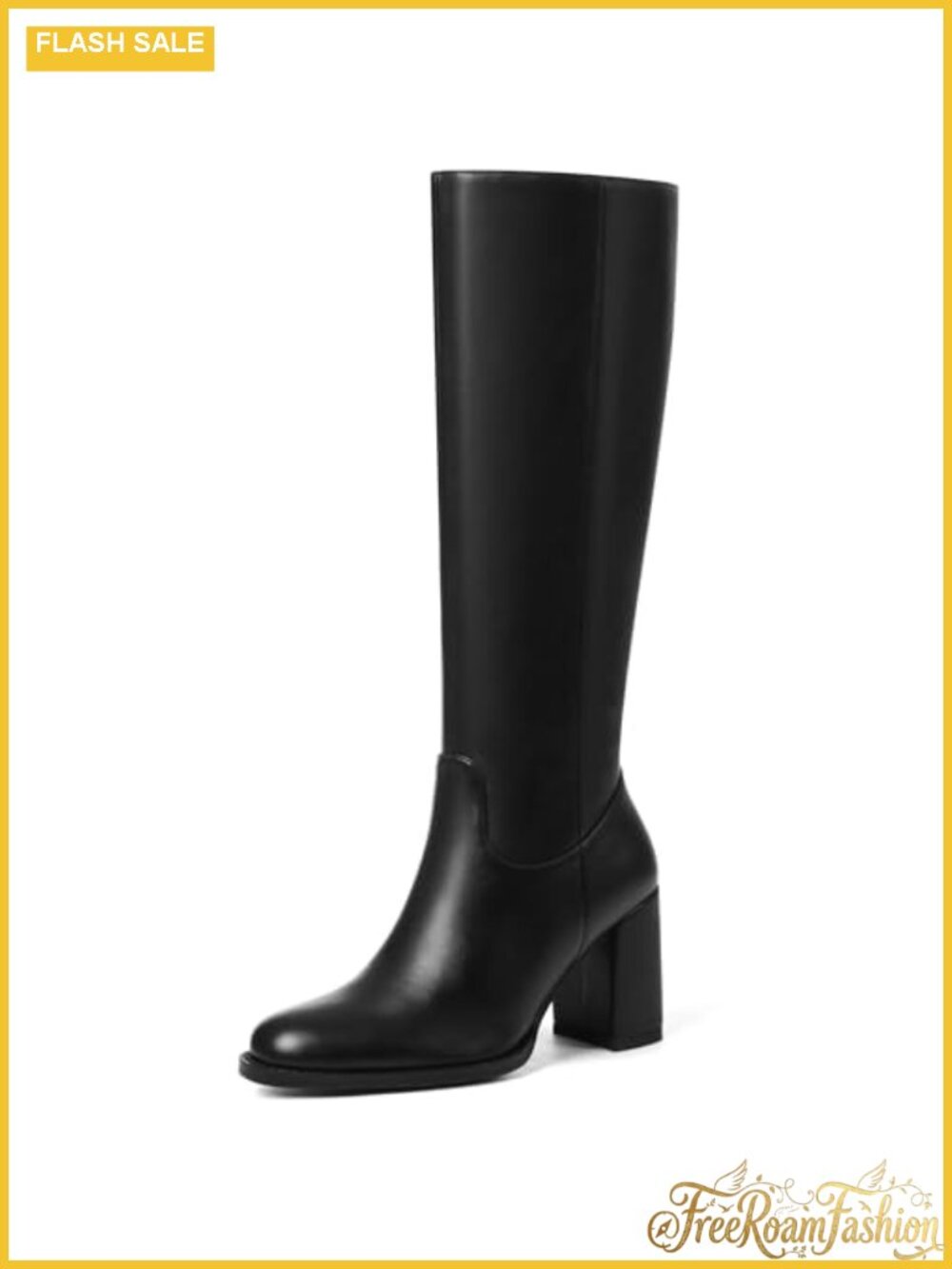 Knee High Boots Chunky Heel Wide Calf Tall PU Leather Side Zip Round Toe